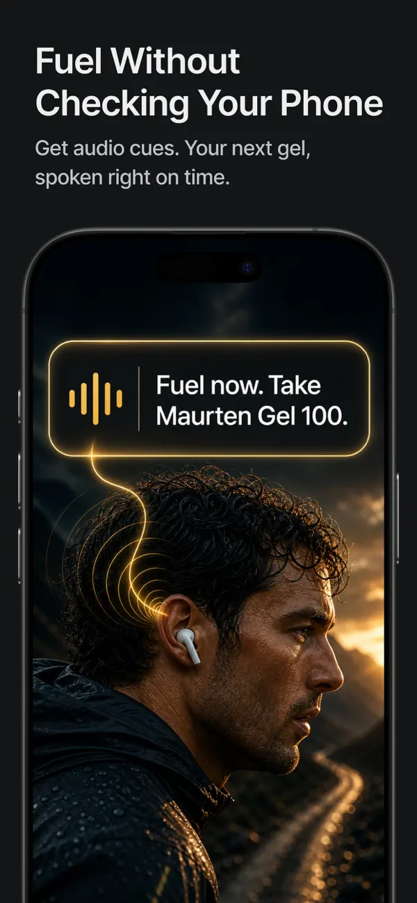 Fuelstate App Store screenshot showing audio fueling cues.