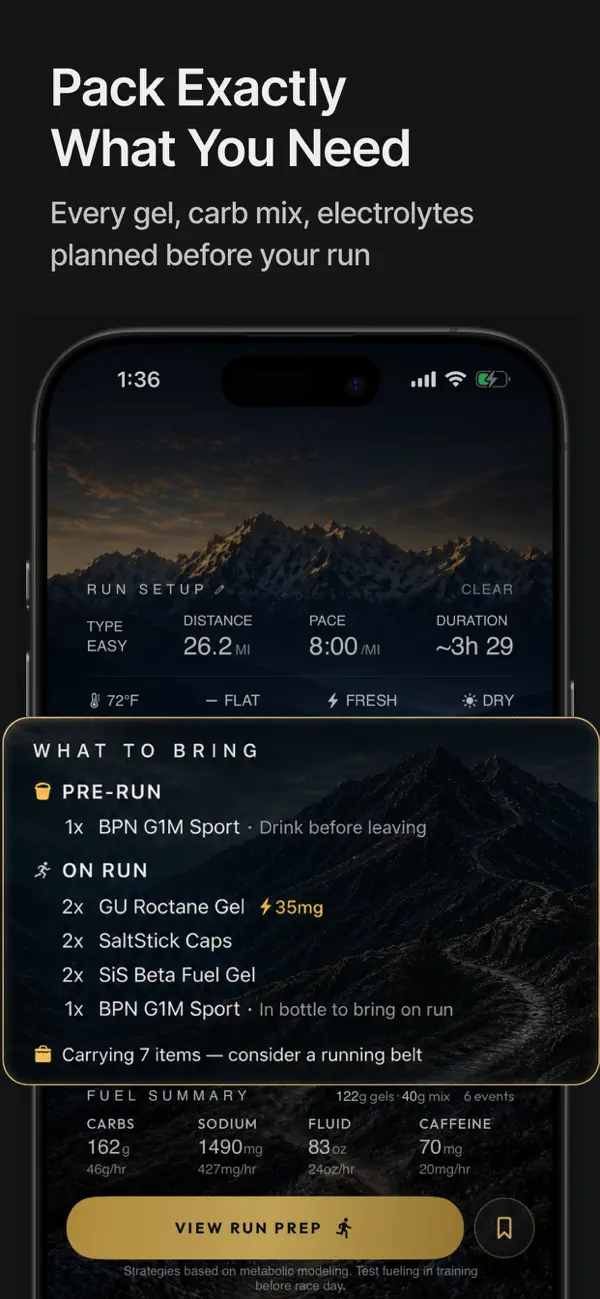 Fuelstate App Store screenshot showing exactly what to pack before a run.